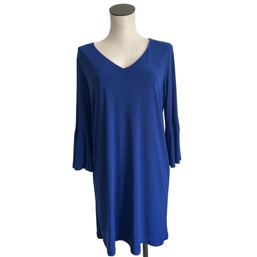 Last Tango Women's Dress Deep V-Neck Blue Shift Bell Sleeves Liquid Knit L USA